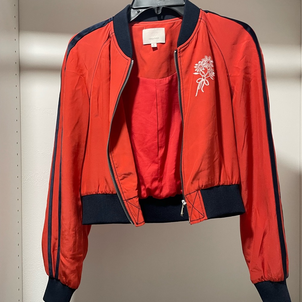 Cinq A Sept red silk bomber jacket